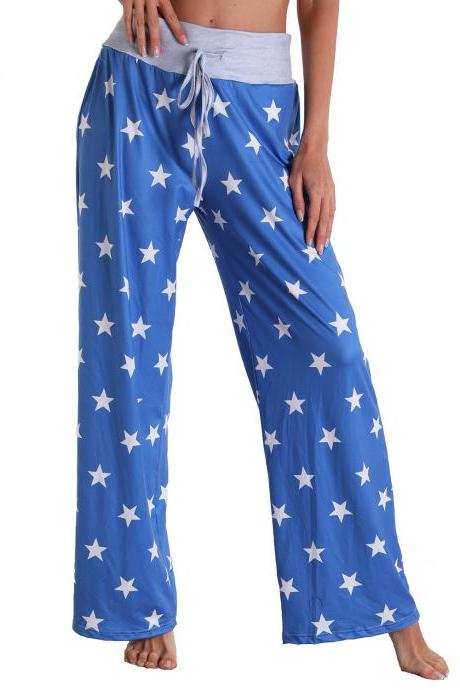 Leisure Sports Yoga Women Casual Elastic Trousers Loose Fit Strap Blue White Star Logo Printed Pants