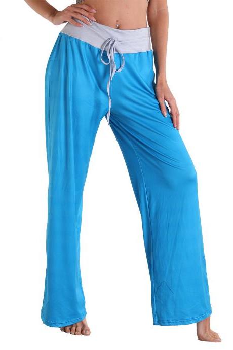 Leisure Sports Yoga Women Casual Elastic Pocket Trousers Loose Fit Strap Sky Blue Solid Color Pants