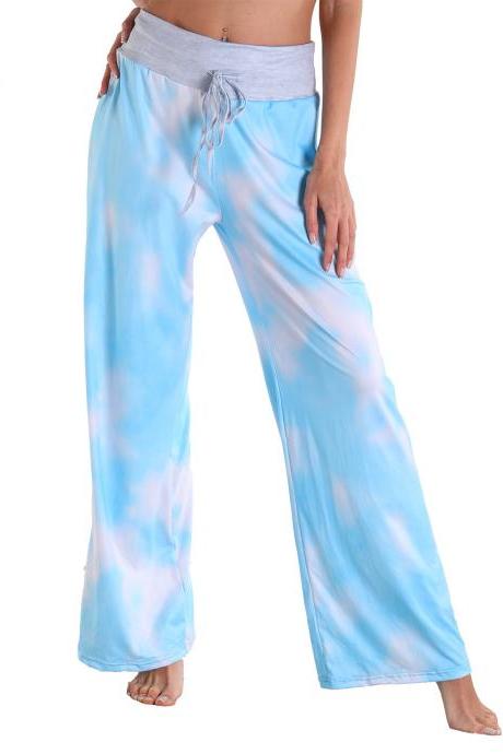 Leisure Sports Yoga Women Casual Pajamas Elastic Pocket Trousers Loose Fit Strap Sky Blue Dye Painting Printed Pants