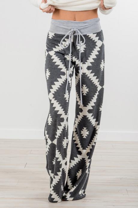 Leisure Sports Yoga Women Casual Elastic Trousers Loose Fit Strap High Waist Wide Leg Geometry Printed Pants
