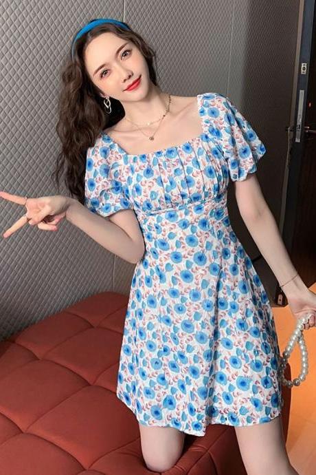 Look Great Summer Pretty Women Square Neck Short Sleeved Printed Chiffon Floral Printed Fairy High Waist Dress