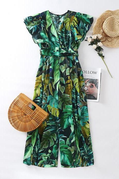 Cozy Fashion Temperament Women Pleated Sleeves Green Floral Printed V Neck Loose Fit High Waist Jumpsuit