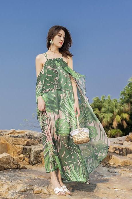 Beautiful Summer Holiday Beach Women Halter Neck Floral Printed Sleeveless Bohemian Chiffon Boho Long Dress