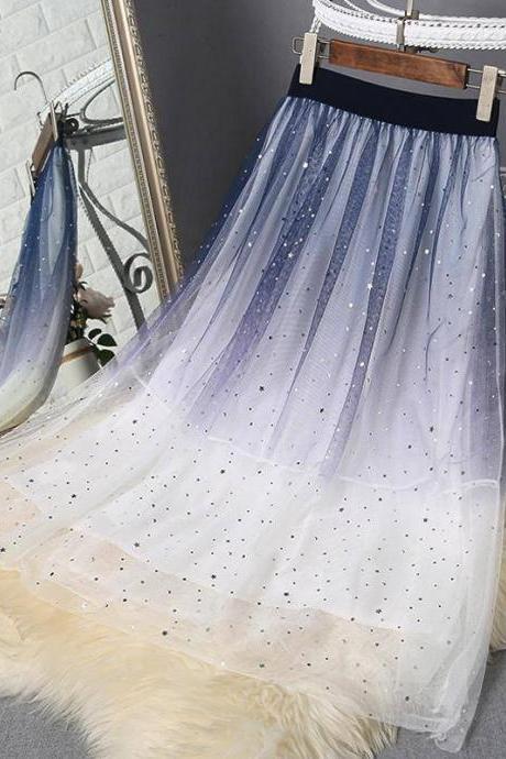 Fairy Women Gradient Blue White Colors Pleated Long Skirt Starry Sky Sequin Mesh Lace Tulle A Line Dress Dresses