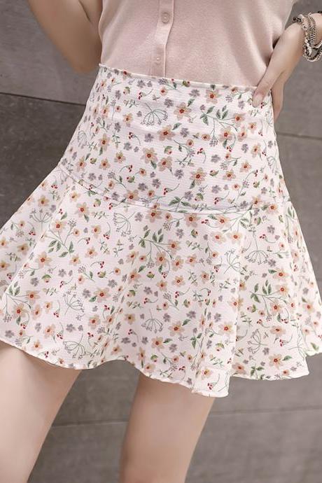 Spring Summer Vintage Women Fashion Floral Printed High Waist Short Pleated A Line Girly Above Knee Skirt Skirts
