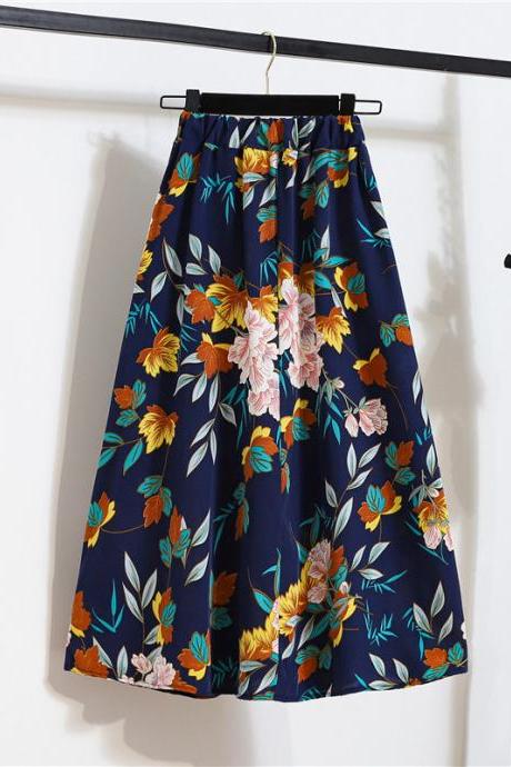 Chic Summer Vintage Women Fashion Floral Printed Blue Color High Waist Long Pleated Maxi Girly Skirt Skirts Dress