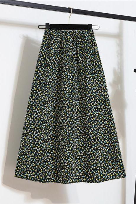 Beautiful Summer Vintage Women Fashion Floral Printed Green High Waist Long Pleated Maxi Girly Skirt Skirts Dress