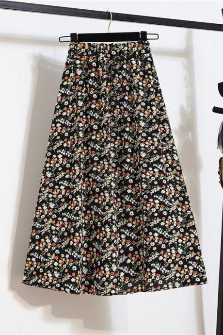 Beautiful Summer Vintage Women Fashion Colorful Floral Printed Black High Waist Long Pleated Maxi Girly Skirt Skirts Dress