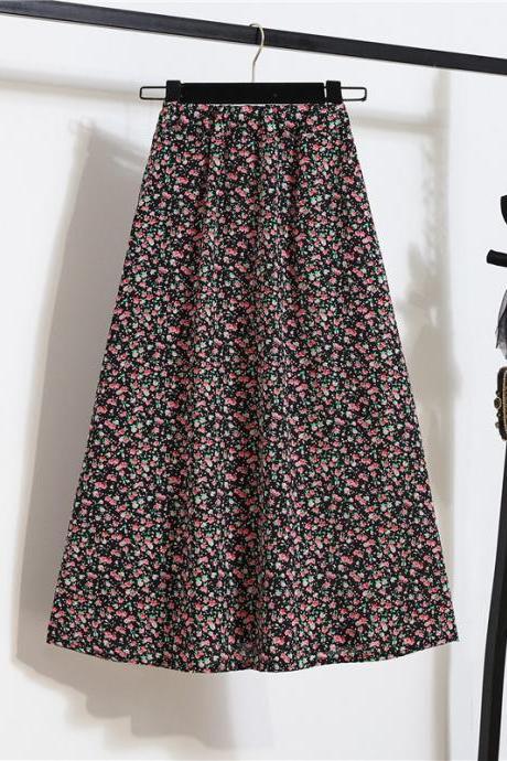 Sparkly Summer Vintage Women Fashion Pink Daisy Floral Printed Black High Waist Long Pleated Maxi Girly Skirt Skirts Dress