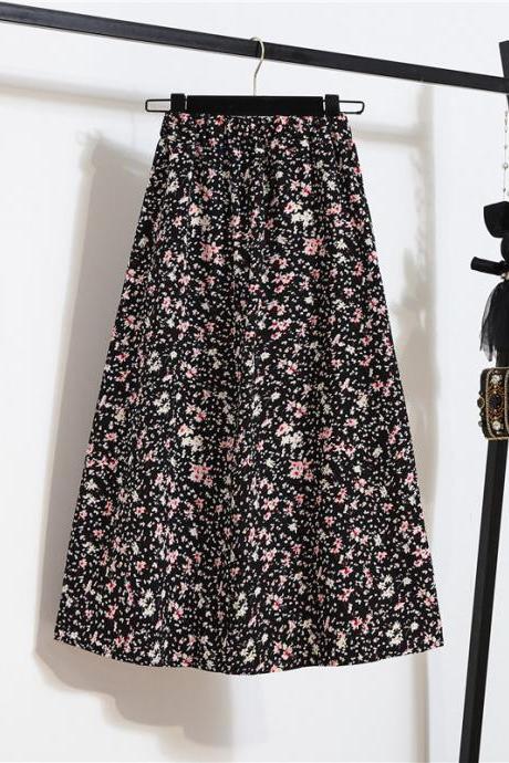 Great Look Summer Vintage Women Fashion Daisy Floral Printed Black High Waist Long Pleated Maxi Girly Skirt Skirts Dress