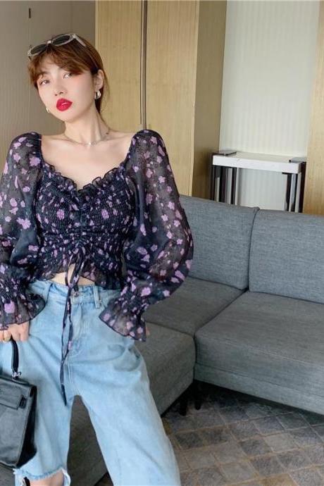 Summer Sexy Women Black Floral Printed Off Shoulder Short Ruffle Sleeve Pleated Waist Drawstring Top Blouse