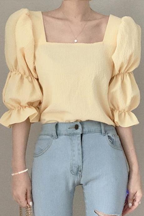Vintage Sexy Women Pleated Top Smocked Square Neck Collar Puff Sleeve Tops Blouse