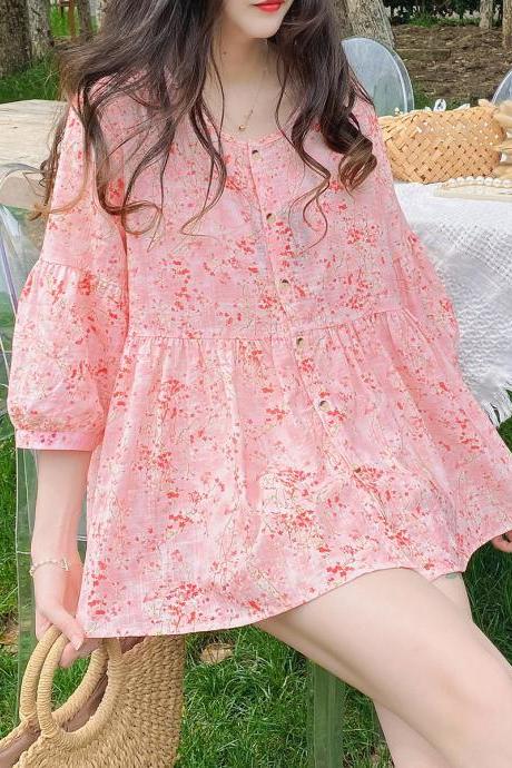 Sweet Fairy Women Pink Color Loose Round Neck Smashed Fluffy Cotton Button Up Front Linen Shirt Top Blouse