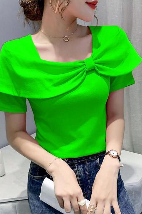 Temperament Summer Women Ladies Trendy Fashion Colorful Solid Color Square Neck Short Sleeved Big Bow Short Sleeves Top Shirt