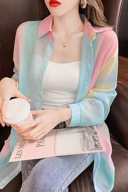 Pretty Summer Women Office Ladies OL Rainbow Colorful Soft Sunscreen Stand Collar Lace Long Sleeves Top Shirt Outer Cardigan Jacket