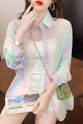 Attractive Summer Pretty Women Office Ladies OL Rainbow Colorful Soft Sunscreen Lace Long Sleeves Tops Outer Top Cardigan Jacket