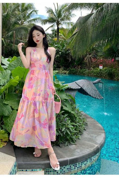 Summer Vacation Beach Seaside Sexy Women V-neck Backless Floral Printed Side Split Maxi Dress