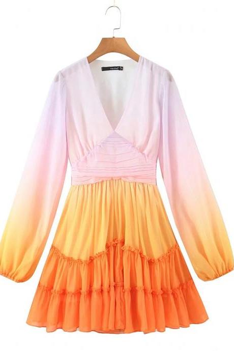 Pretty Beautiful Women Clothing Gradient Colorful Color Change Silk Chiffon V Neck Pleated Waist Long Sleeves Dress