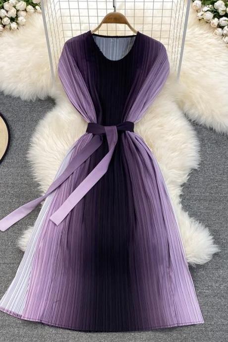 Sparkly Summer Women Pleated Purple Gradient Color Change Sleeveless Round Neck Waist Belt Band Size Loose Dress