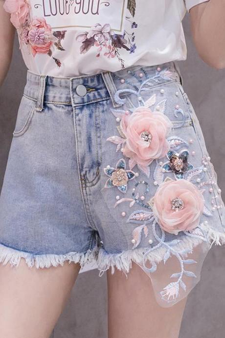 Hot Sweet Women Embroidered 3D Flower Floral High Waist Destructed Shorts Denim Pants