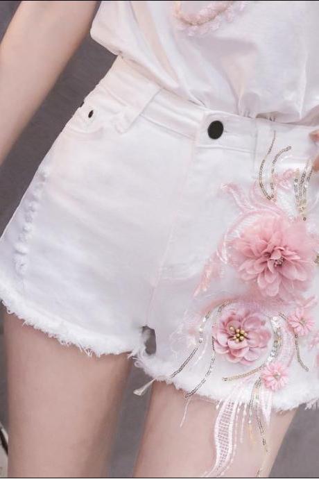 Summer Chic Women Embroidered 3D Pink Floral High Waist Loose Shorts White Denim Pants