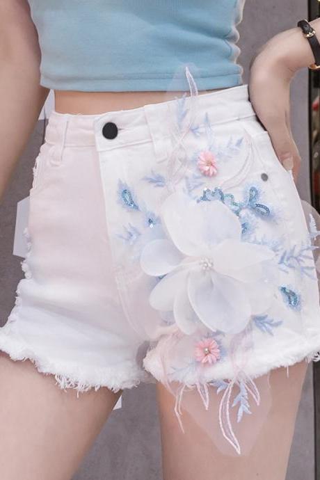 Summer Beauty Women Embroidered 3D White Floral High Waist Tassel Ripped Jeans Shorts Denim Pants