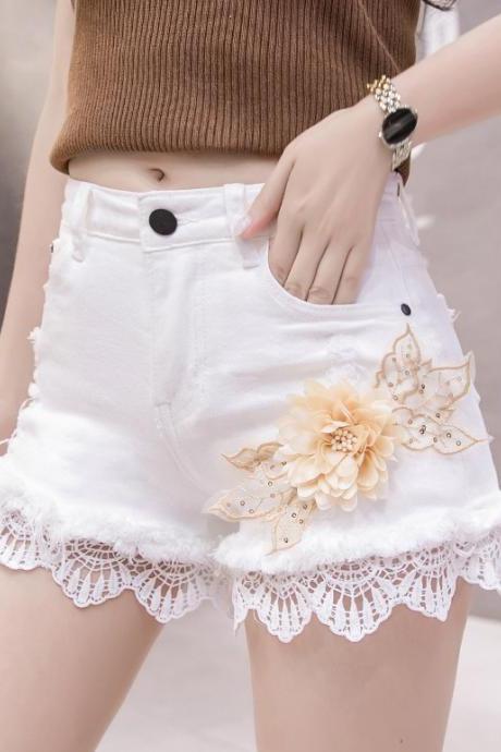 Summer Causal Women Embroidered 3D Floral High Waist Ruffled Lace Hem Jeans Shorts Denim Pants