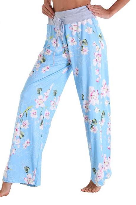 Leisure Sports Workout Gym Fitness Women Casual Pajamas Elastic Pocket Trousers Loose Fit Strap Blue Floral Printed Pants