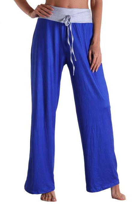 Leisure Sports Workout Gym Fitness Women Casual Pajamas Elastic Pocket Trousers Loose Fit Strap Royal Blue Solid Color Pants