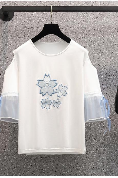 Summer Sweet Women Fashion Short Sleeve Bow Floral Printed Scoop Neck Cropped Embroidery Lace Up T-shirt Blouse Top