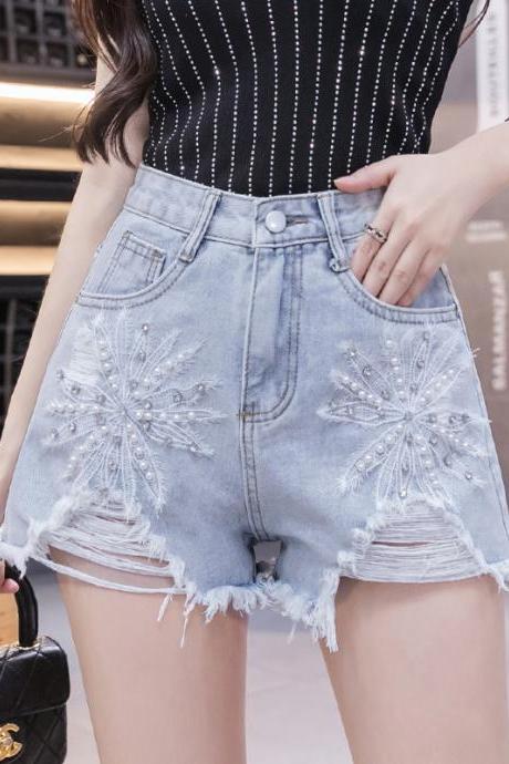 Summer Hot Women Embroidered 3D Floral Beaded High Waist Hem Ripped Tassel Jeans Shorts Denim Pants