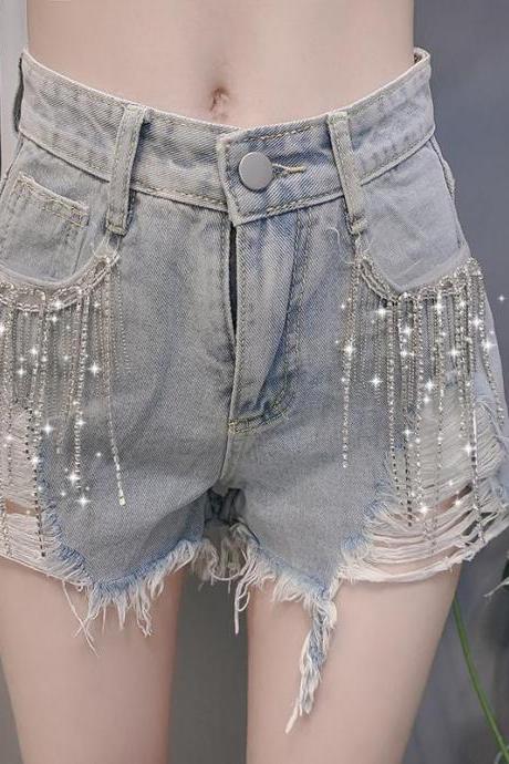 Summer Hot Sexy Women Rhinestone Fringed High Waist Hem Ripped Tassel Jeans Shorts Denim Night Club Pants