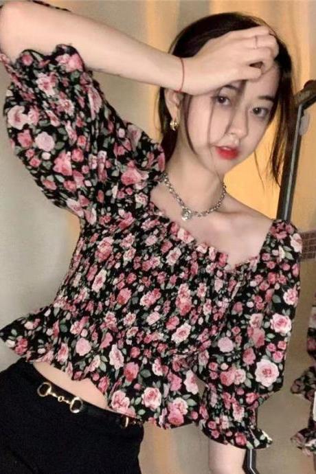 Summer Chic Women Chiffon Retro Attractive Floral Square Neck Ruffled Puff Sleeves Crop Top Blouse