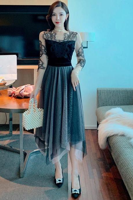Look Great Temperament Fairy Women Round Neck Printed See through Long Sleeves Irregular Hem Lace Mesh Banquet Party Dress