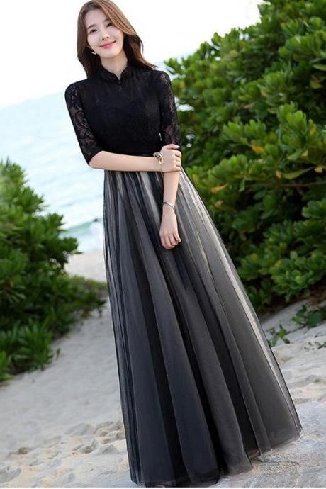 Sparkly Summer Elegant Women Retro Stand Collar Lace Half Length Sleeve Black Long Banquet Evening Dress