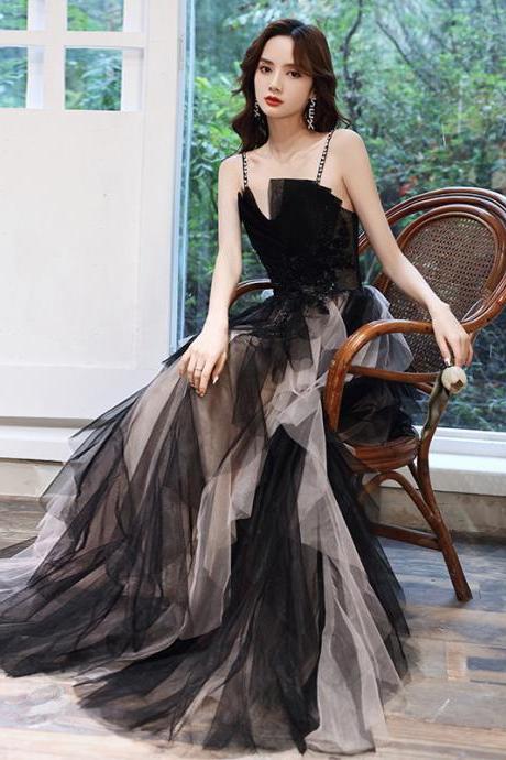 Temperament Princess Spaghetti Straps Beading Sequins Lace Sleeveless Backless Long Black Ruffle Prom Dresses Dress
