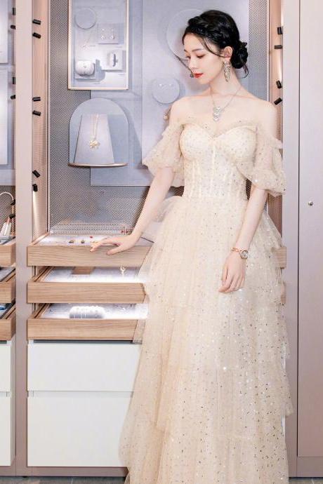 Evening Champagne Sweet Shining Dot Layers Off Shoulder Puff Sleeves Mesh Sequin Cake Long Dinner Dress