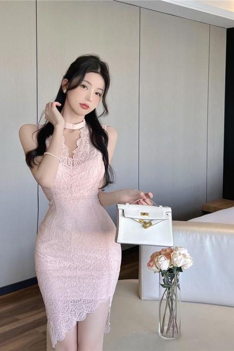 Sexy Elegant Temperament Summer Women Sleeveless Ring Collar Lace Cheongsam Irregular Hem Dress