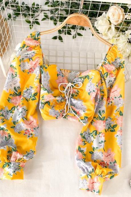 Sweet Women Yellow Square Neck Elastic Floral Printed Puff Long Sleeves Front Drawstring Crop Top Blouse