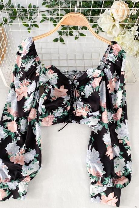 Attractive Women Black Square Neck Elastic Floral Printed Puff Long Sleeves Front Drawstring Crop Top Blouse