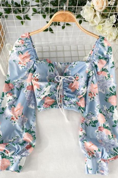 Cute Women Blue Square Neck Elastic Floral Printed Puff Long Sleeves Front Drawstring Crop Top Blouse