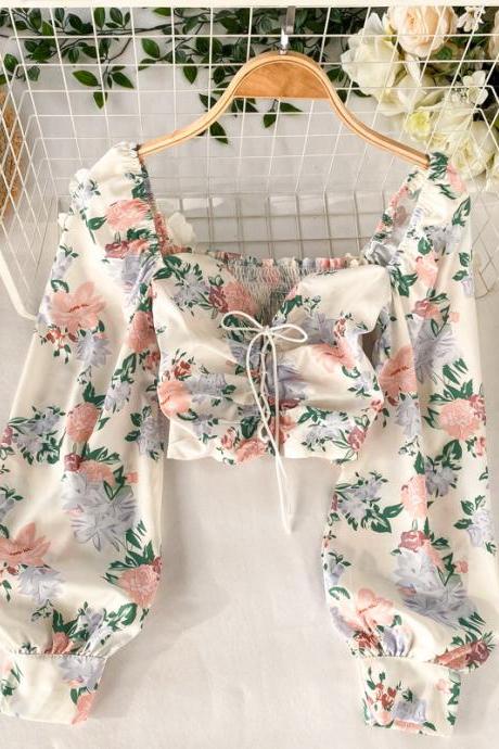 Great Look Women White Square Neck Elastic Floral Printed Puff Long Sleeves Front Drawstring Crop Top Blouse