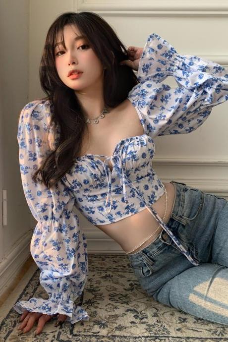 Trendy Fashion Summer Women Blue Sexy Floral Printed Puff Long Sleeves Tie Bow Deep V Neck Crop Tops