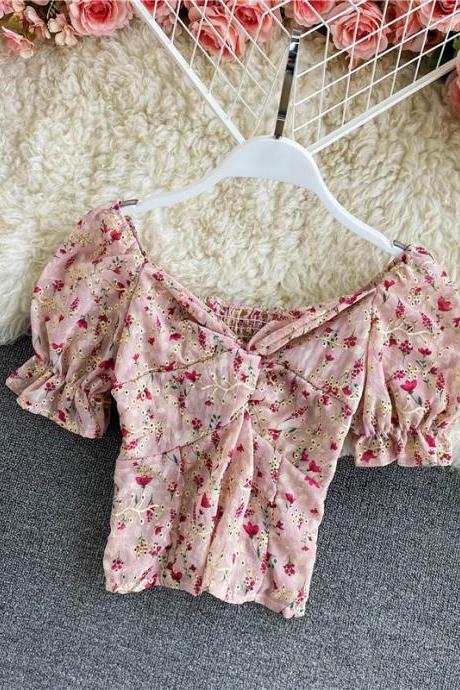 Casual Sexy Floral Chiffon V-neck Fit Front Twist Knot Puff Short Sleeves Ruffle Hem Cropped Stylish Tank Top Blouses