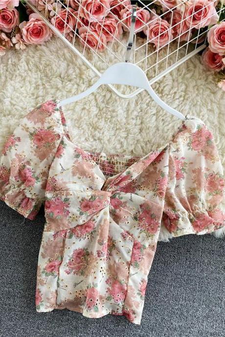 Retro Sexy Vintage Floral Chiffon V-neck Front Twist Knot Puff Short Sleeves Ruffle Hem Crop Tank Top Blouses