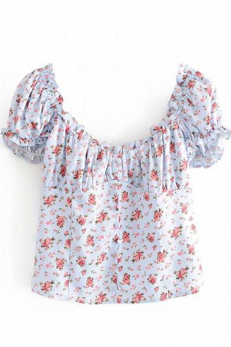 Summer Trendy Lovely Women Fashion Elastic Short Puff Sleeve Floral Printed Scoop Neck Cropped Blouse Top