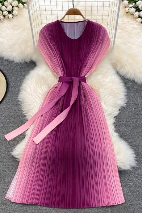 Great Look Summer Women Pleated Pink Gradient Color Change Sleeveless Round Neck Waist Belt Band Size Loose Dress