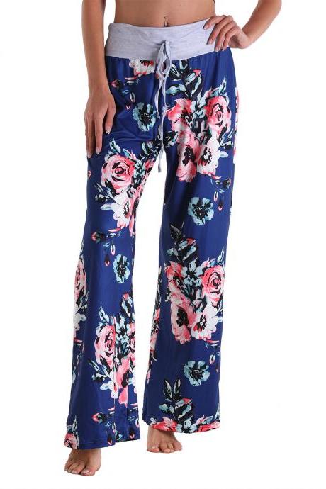 Leisure Sports Gym Fitness Women Elastic Drawstring Sweatpants Trousers Loose Fit Strap Royal Blue Floral Printed Pants