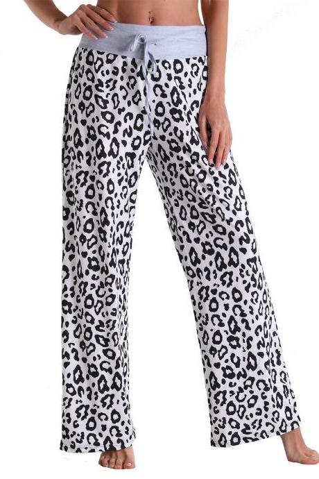 Leisure Sports Gym Fitness Women Elastic Drawstring Sweatpants Trousers Loose Fit Strap Leopard Palazzo Pattern Pants