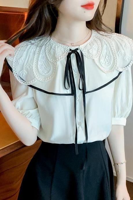 Summer Pretty Women Lace Collar Bow Tie Sweet Blouse White Petal Short Sleeved Top Shirt